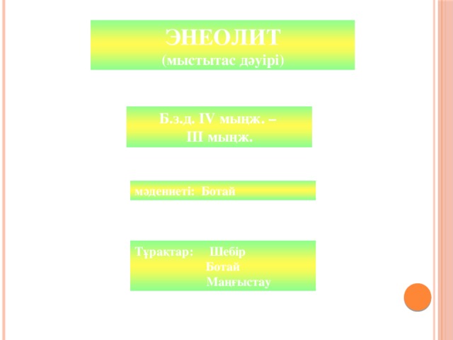 ПАЛЕОЛИТ ЭНЕОЛИТ (древний каменный век) (мыстытас дәуірі) Б.з.д. IV мыңж. – III мыңж. мәдениеті: Ботай Тұрақтар: Шебір Ботай  Маңғыстау