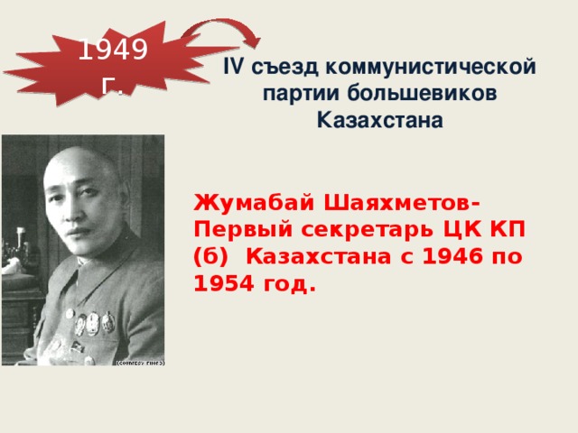 1949 г. IV съезд коммунистической партии большевиков Казахстана Жумабай Шаяхметов- Первый секретарь ЦК КП (б) Казахстана с 1946 по 1954 год.