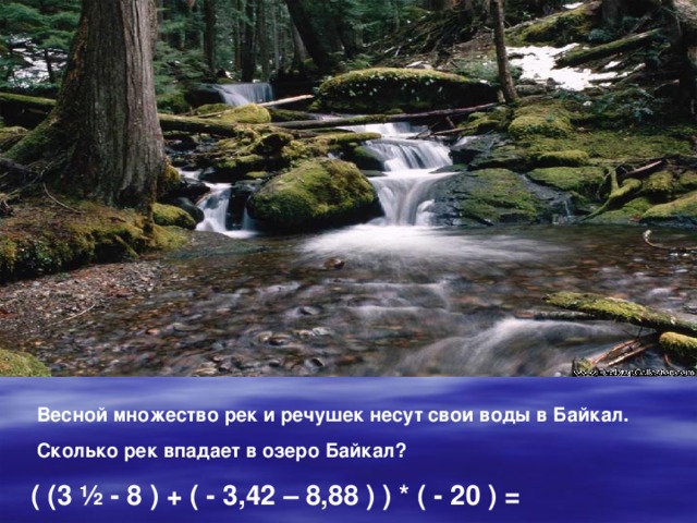 Весной множество рек и речушек несут свои воды в Байкал.  Сколько рек впадает в озеро Байкал?  ( (3 ½ - 8 ) + ( - 3,42 – 8,88 ) ) * ( - 20 ) =