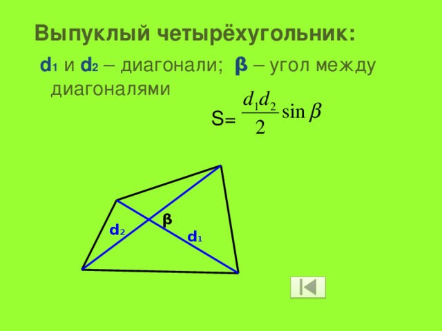 Выпуклый четырёхугольник:  d 1 и d 2 – диагонали; β – угол между диагоналями    S= β d 2 d 1