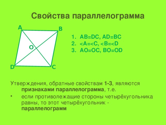Свойства параллелограмма A B AB=DC, AD=BC  AO=OC, BO=OD   O C D Утверждения, обратные свойствам 1-3 , являются признаками параллелограмма , т.е.