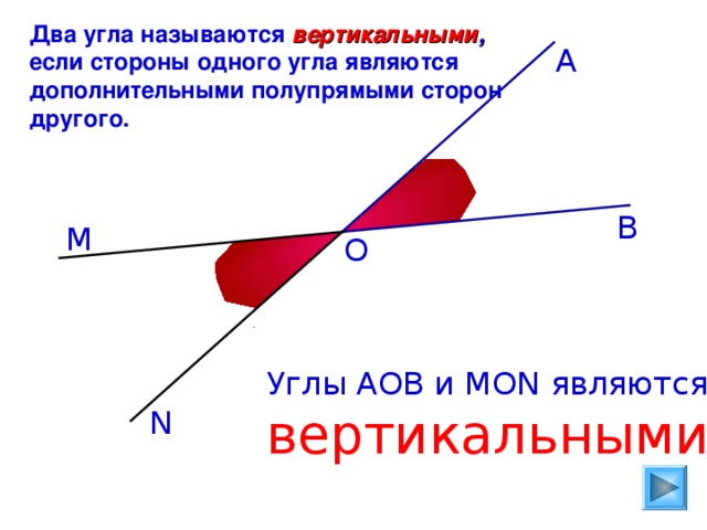 Два угла называются вертикальными , если стороны одного угла являются дополнительными полупрямыми сторон другого. А В М О Углы АОВ и МО N являются вертикальными.  N