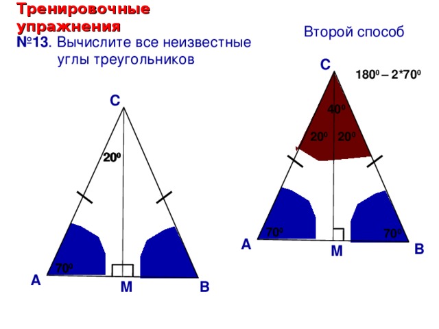 Тренировочные упражнения Второй способ № 13 . Вычислите все неизвестные  углы треугольников С 180 0 – 2*70 0 С 40 0 20 0 20 0 20 0 20 0 Саврасова С.М., Ястребинецкий Г.А. «Упражнения по планиметрии на готовых чертежах» 70 0 70 0 А В М 70 0 70 0 А М В 34