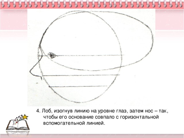 4. Лоб, изогнув линию на уровне глаз, затем нос – так, чтобы его основание совпало с горизонтальной вспомогательной линией.