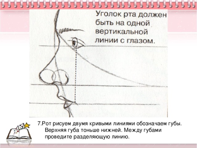 7.Рот рисуем двумя кривыми линиями обозначаем губы. Верхняя губа тоньше нижней. Между губами проведите разделяющую линию.