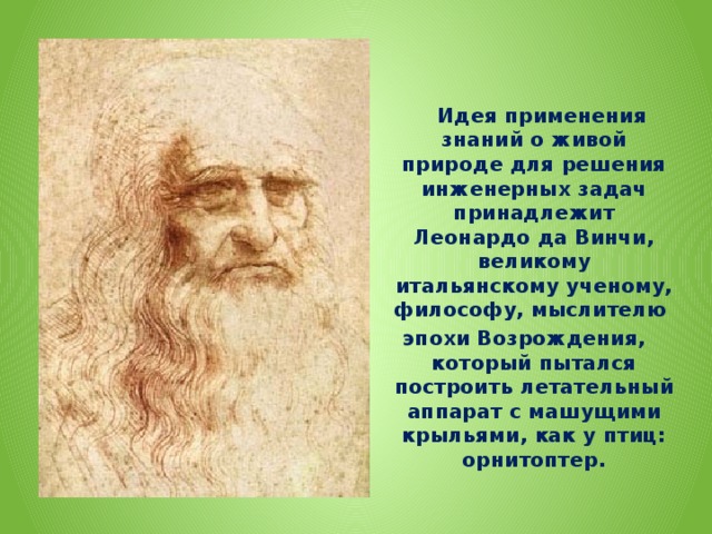 Идея применения знаний о живой природе для решения инженерных задач принадлежит Леонардо да Винчи, великому итальянскому ученому, философу, мыслителю эпохи Возрождения, который пытался построить летательный аппарат с машущими крыльями, как у птиц: орнитоптер.