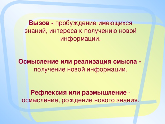 Вызов - пробуждение имеющихся знаний, интереса к получению новой информации. Осмысление или реализация смысла - получение новой информации. Рефлексия или размышление - осмысление, рождение нового знания.