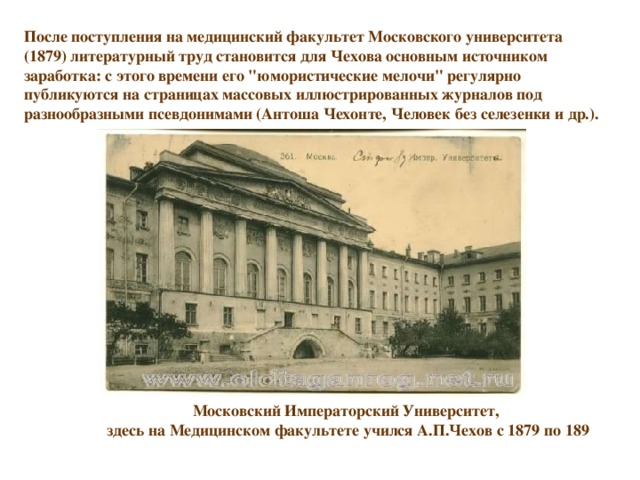 После поступления на медицинский факультет Московского университета (1879) литературный труд становится для Чехова основным источником заработка: с этого времени его 