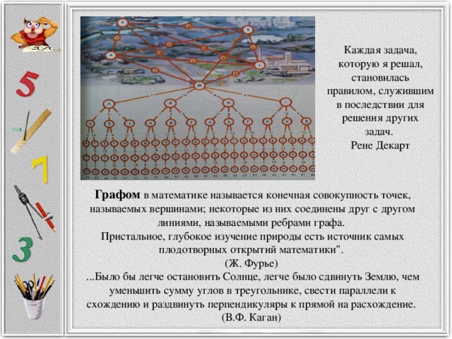 Каждая задача, которую я решал, становилась правилом, служившим в последствии для решения других задач.  Рене Декарт Графом в математике называется конечная совокупность точек, называемых вершинами; некоторые из них соединены друг с другом линиями, называемыми ребрами графа. Пристальное, глубокое изучение природы есть источник самых плодотворных открытий математики