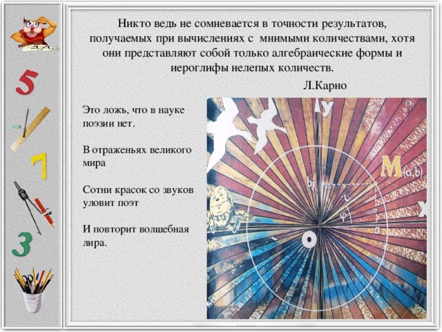 Никто ведь не сомневается в точности результатов, получаемых при вычислениях с мнимыми количествами, хотя они представляют собой только алгебраические формы и иероглифы нелепых количеств.  Л.Карно Это ложь, что в науке поэзии нет.   В отраженьях великого мира   Сотни красок со звуков уловит поэт   И повторит волшебная лира.