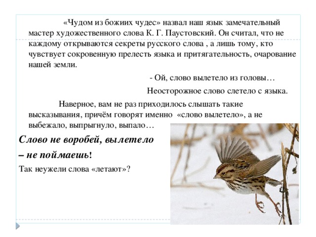 «Чудом из божиих чудес» назвал наш язык замечательный мастер художественного слова К. Г. Паустовский. Он считал, что не каждому открываются секреты русского слова , а лишь тому, кто чувствует сокровенную прелесть языка и притягательность, очарование нашей земли.  - Ой, слово вылетело из головы…  Неосторожное слово слетело с языка.  Наверное, вам не раз приходилось слышать такие высказывания, причём говорят именно «слово вылетело», а не выбежало, выпрыгнуло, выпало… Слово не воробей, вылетело – не поймаешь ! Так неужели слова «летают»?