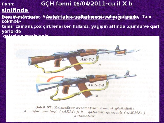 Fənn:  GÇH fənni 06 /0 4 /2011-cu il X b sinifində  Dərsin mövzusu:  Avtomat ı n s ö k ü lm ə si v ə y ığıl mas ı.  Yeni dərsin izahı: Avtomat tam v ə natamam sökülüb və yığılır.  Tam  sökmək- təmir zamanı,çox çirklənərkən hallarda, yağışın altında , quml u və qarlı yerlərdə  qalarkən  təmizlənir.