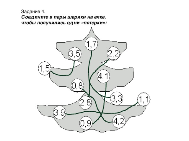 Задание 4. Соедините в пары шарики на елке, чтобы получились одни «пятерки»: