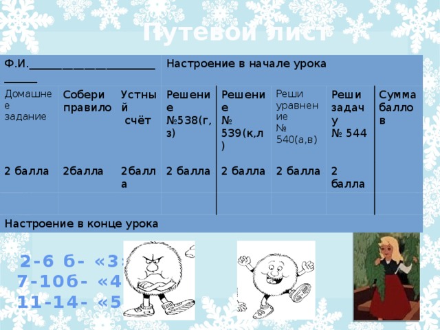 Путевой лист Ф.И._____________________________ Домашнее задание Собери правило 2 балла Настроение в начале урока Устный 2балла  счёт Решение №538(г,з) Настроение в конце урока 2балла Решение 2 балла № 539(к,л) Реши 2 балла Реши задачу уравнение 2 балла Сумма баллов № 544 № 540(а,в) 2 балла 2-6 б- «3» 7-10б- «4» 11-14- «5»