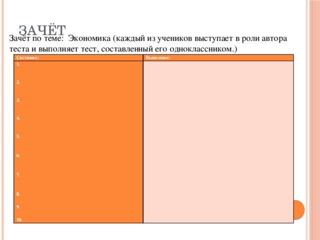 Зачёт Зачёт по теме: Экономика (каждый из учеников выступает в роли автора теста и выполняет тест, составленный его одноклассником.) Составил: 1. Выполнил:     2.   3.   4.   5.   6.   7.   8.  9.  10.