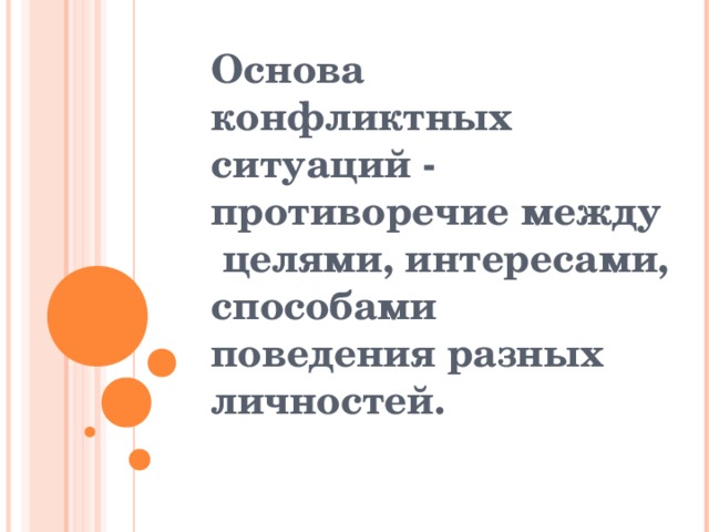 Основа конфликтных ситуаций - противоречие между  целями, интересами, способами поведения разных личностей.