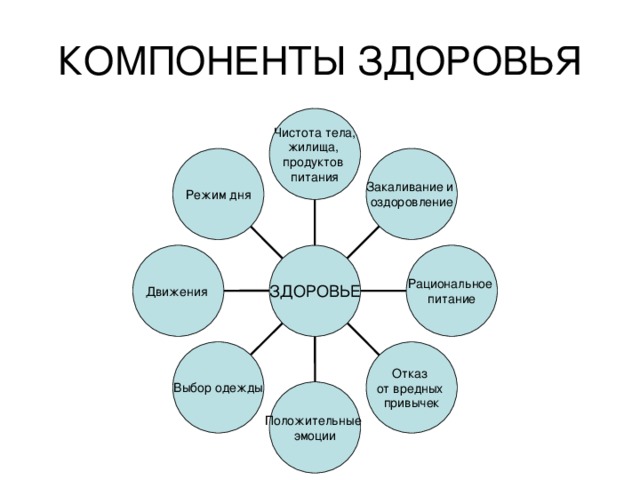 КОМПОНЕНТЫ ЗДОРОВЬЯ Чистота тела, жилища, продуктов питания Закаливание и оздоровление Режим дня Рациональное питание Движения Выбор одежды Отказ от вредных привычек Положительные эмоции