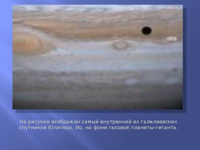       Юпитер, Ио и Тень На рисунке изображен самый внутренний из галилеевских  спутников Юпитера, Ио, на фоне газовой планеты-гиганта.