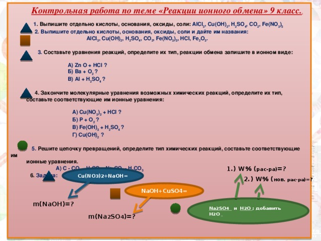 Контрольная работа 1 химические реакции 9 класс