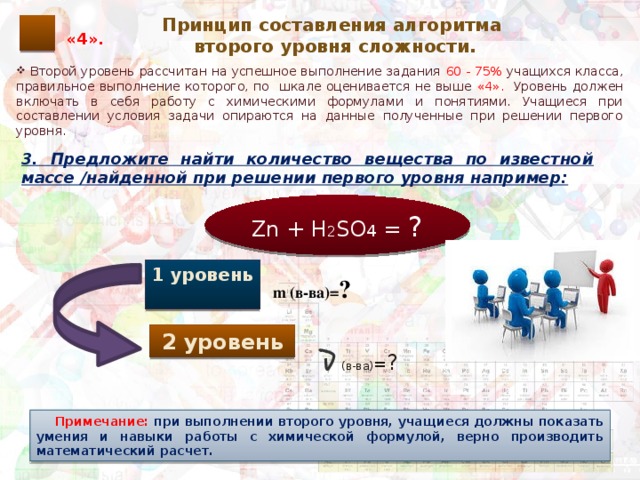 Принцип составления алгоритма второго уровня сложности. «4».  Второй уровень рассчитан на успешное выполнение задания 60 - 75% учащихся класса, правильное выполнение которого, по шкале оценивается не выше «4». Уровень должен включать в себя работу с химическими формулами и понятиями. Учащиеся при составлении условия задачи опираются на данные полученные при решении первого уровня. 3. Предложите найти количество вещества по известной массе /найденной при решении первого уровня например: Zn + H 2 SO 4 = ? 1 уровень m (в-ва)= ? 2 уровень  (в-ва) = ?  Примечание: при выполнении второго уровня, учащиеся должны показать умения и навыки работы с химической формулой, верно производить математический расчет.