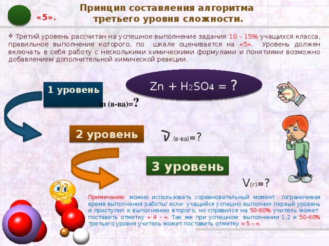 Принцип составления алгоритма третьего уровня сложности. «5».  Третий уровень рассчитан на успешное выполнение задания 10 - 15% учащихся класса, правильное выполнение которого, по шкале оценивается на «5». Уровень должен включать в себя работу с несколькими химическими формулами и понятиями возможно добавлением дополнительной химической реакции. Zn + H 2 SO 4 = ? 1 уровень m (в-ва)= ? 2 уровень  (в-ва) = ? 3 уровень V (г) = ? Примечание: можно использовать соревновательный момент /ограничивая время выполнения работы/ если учащийся успешно выполнил первый уровень и приступил к выполнению второго, но справился на 50-60% учитель может поставить отметку « 4 - ». Так же при успешном выполнении 1,2 и 50-60% третьего уровня учитель может поставить отметку « 5 – ».