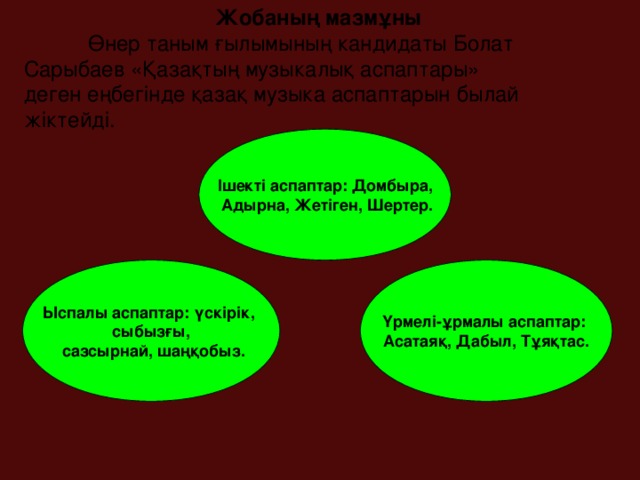 Жобаның мазмұны  Өнер таным ғылымының кандидаты Болат Сарыбаев «Қазақтың музыкалық  аспаптары» деген еңбегінде қазақ музыка аспаптарын былай жіктейді. Ішекті аспаптар: Домбыра,  Адырна, Жетіген,  Шертер. Ыспалы аспаптар: үскірік, сыбызғы,  сазсырнай, шаңқобыз. Үрмелі - ұрмалы аспаптар: Асатаяқ, Дабыл, Тұяқтас.