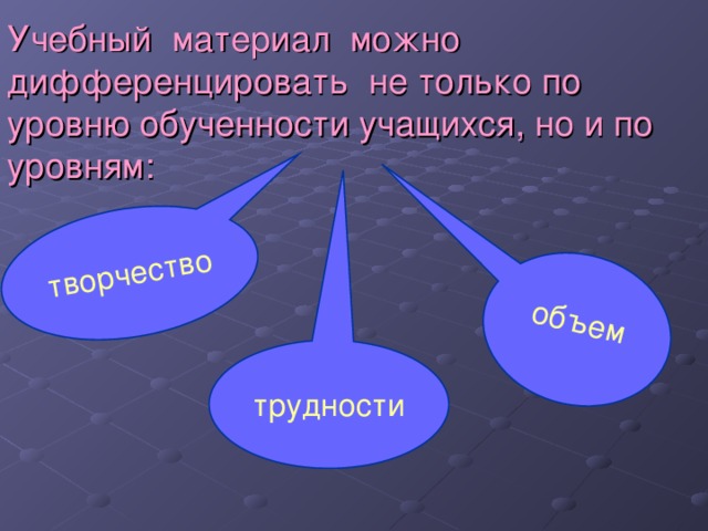 творчество трудности объем Учебный материал можно дифференцировать не только по уровню обученности учащихся, но и по уровням: