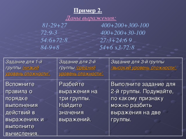 Пример 2.   Даны выражения:  81-29+27 400+200+300-100  72:9-3 400+200+30-100  54:6+72:8 27:3+24:6 9  84-9+8 54+6 х 3-72:8  Задание для 1-й группы /низкий уровень сложности/. Задание для 2-й группы /средний уровень сложности/. Вспомните правила о порядке выполнения действий в выражениях и выполните вычисления. Задание для 3-й группы /высокий уровень сложности/. Разбейте выражения на три группы. Найдите значения выражений. Выполните задание для 2-й группы. Подумайте, по какому признаку можно разбить выражения на две группы.