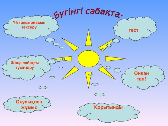 Үй тапсырмасын тексеру  тест Жаңа сабақты түсіндіру Ойлан тап! Оқулықпен жұмыс  Қорытынды