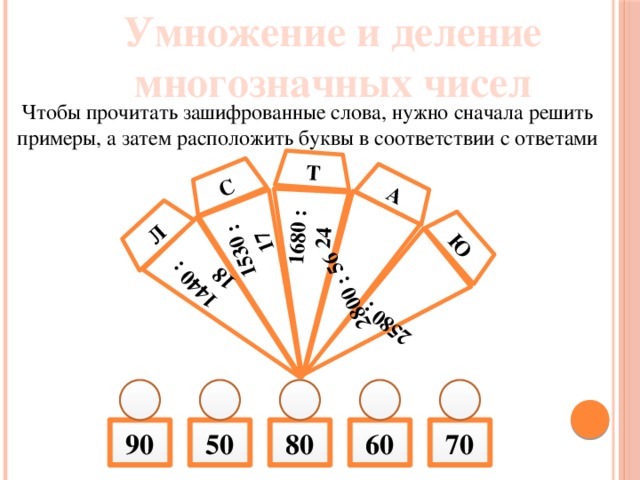 Умножение и деление многозначных чисел 1440 : 18 1530 : 17 1680 : 24 2580 : 43 2800 : 56 Л С Т А Ю Чтобы прочитать зашифрованные слова, нужно сначала решить примеры, а затем расположить буквы в соответствии с ответами 90 50 80 60 70