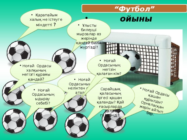 Ноғай Ордасы қашан құрылды? Орналасқан жерін айтып бер. “ Футбол” Қарапайым халық не істеуге міндетті ?  ойыны  ойыны Ұлысты билеуші мырзалар өз жерінде қандай билік жүргізді? Ноғай Ордасының негізін қалаған кім? Ноғай Ордасы халқының негізгі құрамы қандай ? Ноғай Ордасының аты неліктен осылай аталған? Сарайшық қаласының іргесі қашан қаланды? Қай ғасырларда қала гүлденді? Ноғай Ордасының ыдырау себебі?