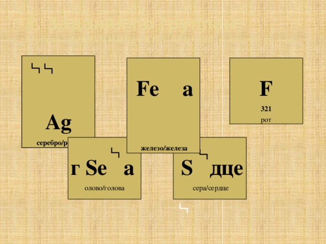 3. Задания по группам  2 группа – БИОХИМИЧЕСКИЕ РЕБУСЫ (разгадайте ребусы)       Ag   серебро/ребро        Fe    а  F 321   рот   железо/железа        S  дце г  Se  а   сера/сердце олово/голова  