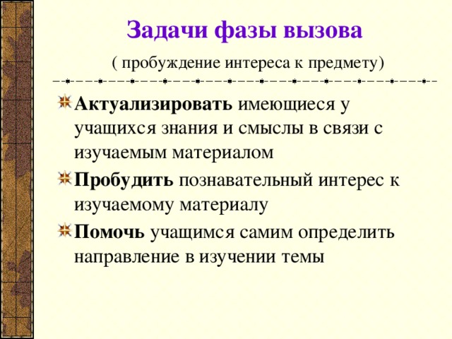 Задачи фазы вызова   ( пробуждение интереса к предмету) Актуализировать имеющиеся у учащихся знания и смыслы в связи с изучаемым материалом Пробудить познавательный интерес к изучаемому материалу Помочь учащимся самим определить направление в изучении темы