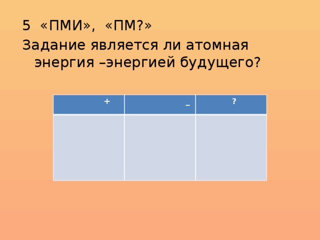 5 «ПМИ», «ПМ?» Задание является ли атомная энергия –энергией будущего?  +  _  ?