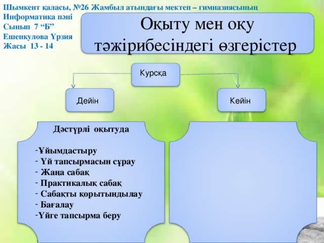 Шымкент қаласы, №26 Жамбыл атындағы мектеп – гимназиясының Информатика пәні Сынып 7 “Б” Ешенкулова Үрзия Жасы 13 - 14 Оқыту мен оқу  тәжірибесіндегі өзгерістер Курсқа  Кейін Дейін      Дәстүрлі оқытуда       Сындарлы оқытуда  - Мұғалім бағыт береді, оқушылар талқылайды, синтездейді, салыстырады, дәлелдейді, өз бетінше ізденеді. жүзеге асады. Ұйымдастыру  Үй тапсырмасын сұрау  Жаңа сабақ  Практикалық сабақ  Сабақты қорытындылау  Бағалау Үйге тапсырма беру   Ынтымақтастық атмосфера Топқа бөлу. Бағалау түрлері        .