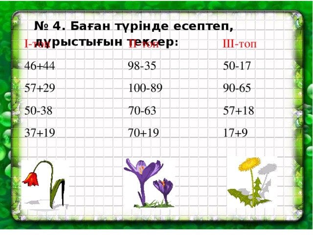 № 4 . Баған түрінде есептеп, дұрыстығын тексер : І-топ ІІ-топ ІІІ-топ 46+44 98-35 50-17 57+29 100-89 90-65 50-38 70-63 57+18 37+19 70+19 17+9