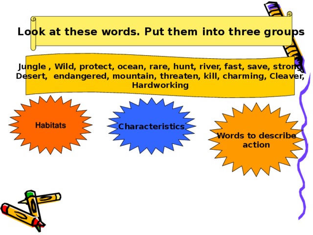 Look at these words. Put them into three groups Jungle , Wild, protect, ocean, rare, hunt, river, fast, save, strong Desert, endangered, mountain, threaten, kill, charming, Cleaver, Hardworking Habitats Characteristics Words to describe action