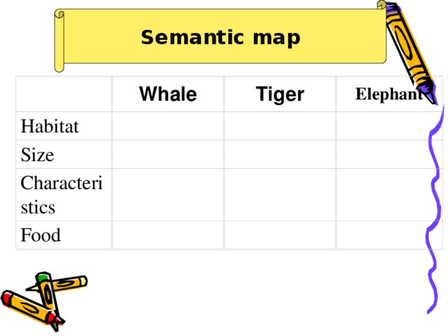 Semantic map   Whale Habitat   Tiger Size     Elephant Characteristics     Food              