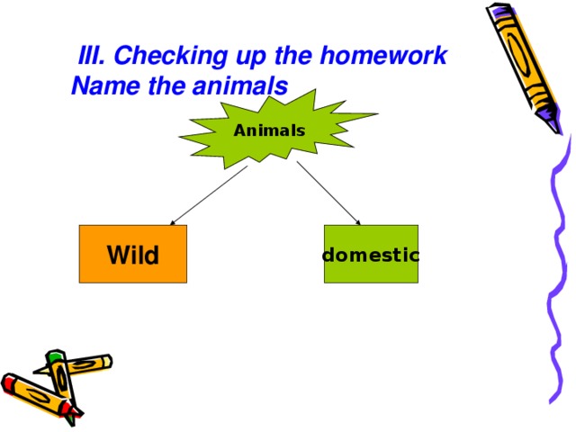 III. Checking up the homework Name the animals Animals Wild domestic