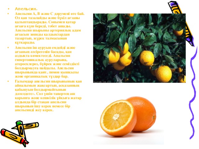 Апельсин. Апельсин А, В және С дәрумені өте бай. Ол қан тазалайды және бүкіл ағзаны қалыптандырады. Сонымен қатар ағзаға күш береді, тәбет ашады. Апельсин шырыны артериялық адам ағзасын зиянды қалдықтардан тазартып, жүрек талмасынан құтқарады. Апельсин іш ауруын емдейді және ағзаның әлсірегенін басады, қан аздықта көмектеседі. Апальсин гипертоникалық ауруларына, атеросклероз, бүйрек және семіздікті болдырмауға пайдалы. Апельсин шырынында қант, лимон қышқылы және органикалық тұздар бар. Ғалымдар апельсин шырынының қан айналымын жақсартып, асқазанның қабынуын болдырмайтынын дәлелдеге н . Сол үшін таңертең аш қарынға және кешкілік ұйқыға жатар алдында бір стақан апельсин шырынын ішу керек немесе бір апельсинді жеу керек.