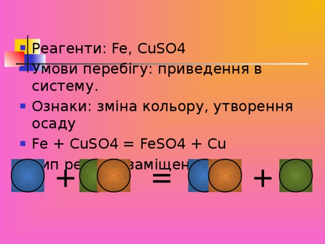 Реагенти: Fe , CuSO4 Умови перебігу: приведення в систему. Ознаки: зміна кольору, утворення осаду Fe + CuSO 4 = FeSO 4 + Cu Тип реакції: заміщення