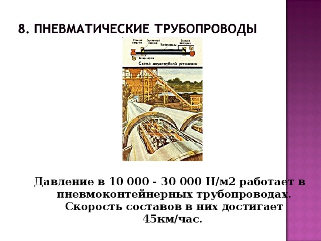 Давление в 10 000 - 30 000 Н/м2 работает в пневмоконтейнерных трубопроводах. Скорость составов в них достигает 45км/час.