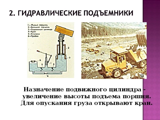 Назначение подвижного цилиндра - увеличение высоты подъема поршня. Для опускания груза открывают кран.