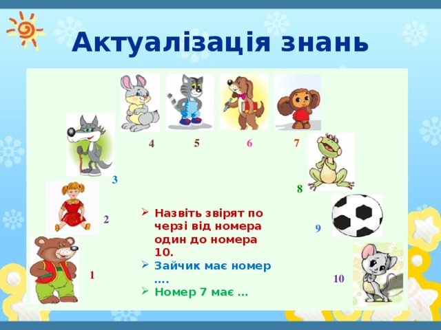 Актуалізація знань 5 6 7 4 3 8 Назвіть звірят по черзі від номера один до номера 10. Зайчик має номер …. Номер 7 має … 2 9 1 10