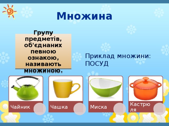 Множина Групу предметів, об'єднаних певною ознакою, називають множиною. Приклад множини: ПОСУД Чайник Чашка Миска Кастрюля