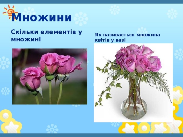 Множини Скільки елементів у множині Як називається множина квітів у вазі