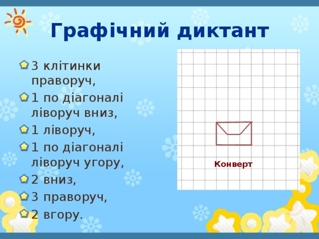 Графічний диктант 3 клітинки праворуч, 1 по діагоналі ліворуч вниз, 1 ліворуч, 1 по діагоналі ліворуч угору, 2 вниз, 3 праворуч, 2 вгору. Конверт