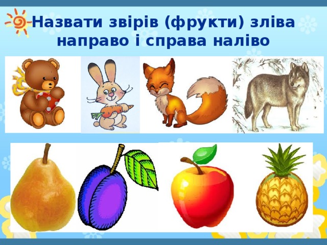 Назвати звірів (фрукти) зліва направо і справа наліво