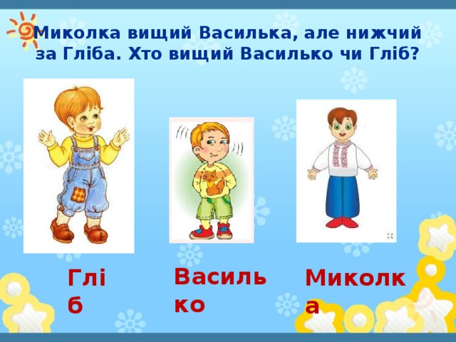 Миколка вищий Василька, але нижчий за Гліба. Хто вищий Василько чи Гліб? Василько Гліб Миколка