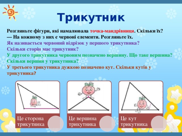 Трикутник Розгляньте фігури, які намалювала точка-мандрівниця . Скільки їх? — На кожному з них є червоні елементи. Розгляньте їх. Як називається червоний відрізок у першого трикутника? Скільки сторін має трикутник?  У другого трикутника червоним позначено вершину. Що таке вершина? Скільки вершин у трикутника? У третього трикутника дужкою позначено кут. Скільки кутів у трикутника ? Це сторона трикутника Це вершина трикутника Це кут трикутника